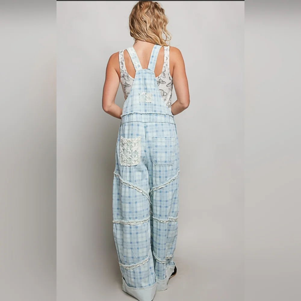 POL Light Blue Plaid Women Jeans Overalls - Picture 5 of 6